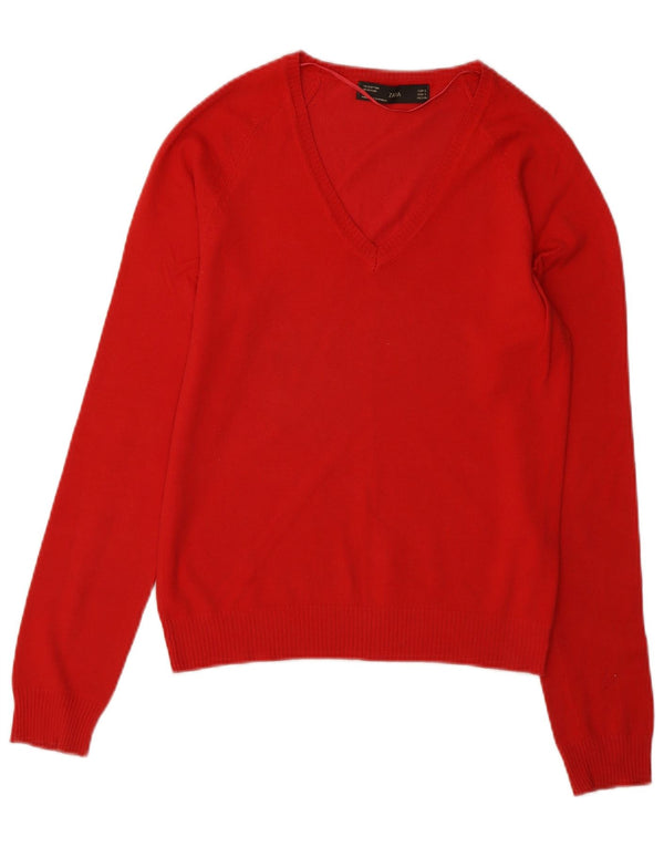 Maglione Zara da donna con scollo a V UK 10 piccolo cotone rosso