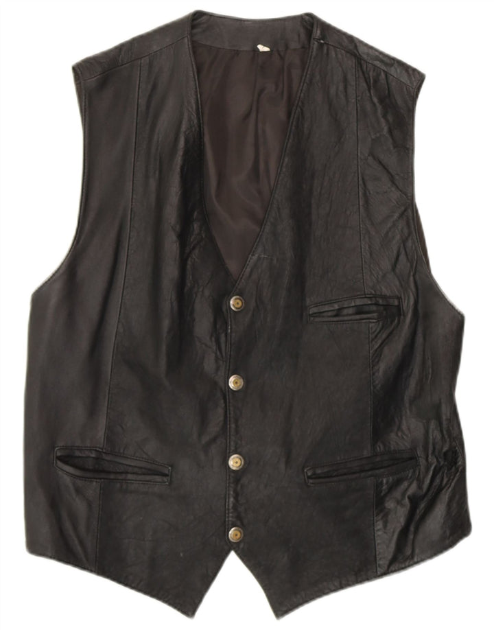 VINTAGE Mens Leather Waistcoat Large Black