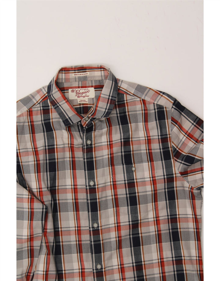 PENGUIN Mens Heritage Slim Fit Shirt Medium Navy Blue Check Cotton Vintage Penguin and Second-Hand Penguin from Messina Hembry 