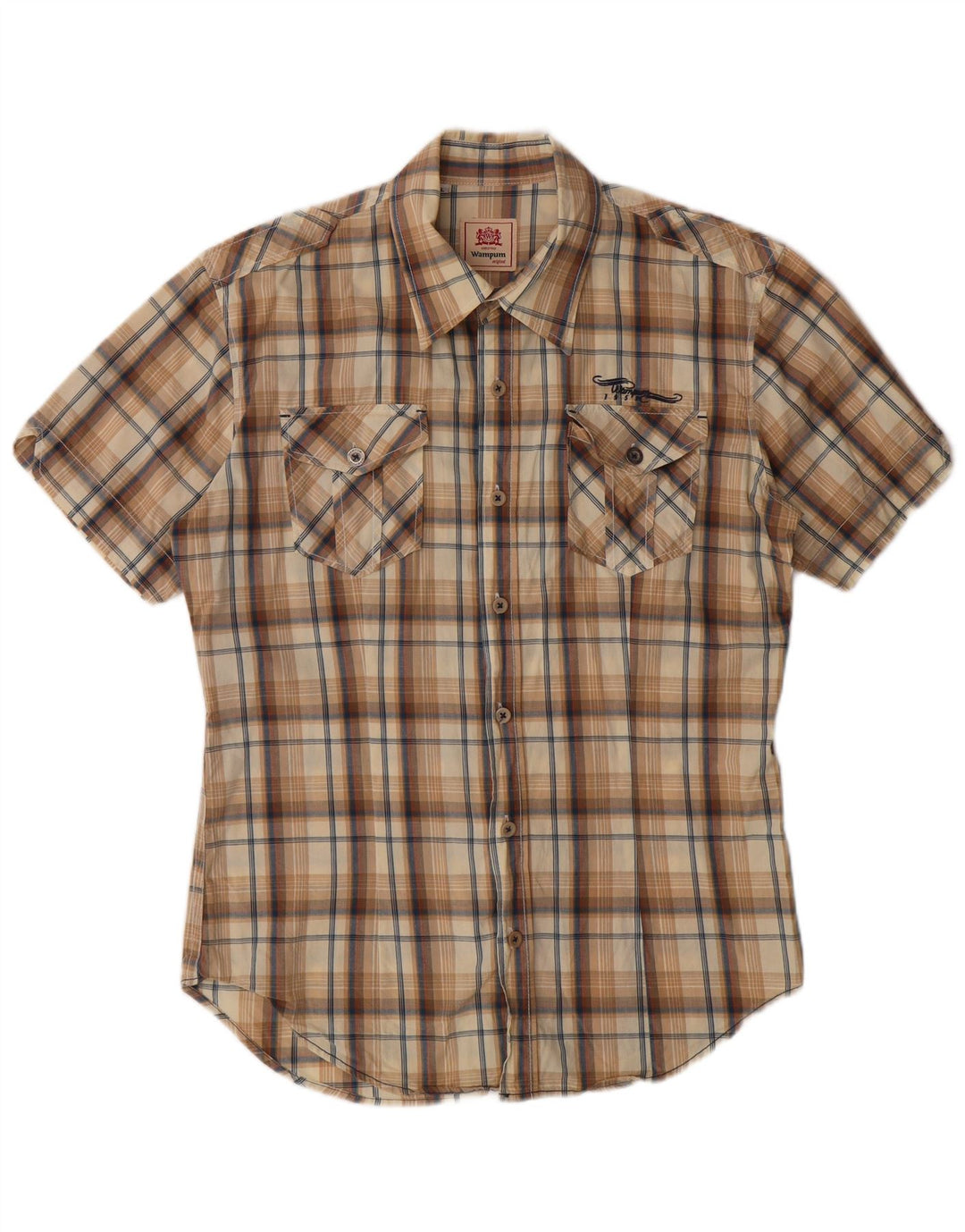 WAMPUM Mens Short Sleeve Shirt Large Brown Check Cotton