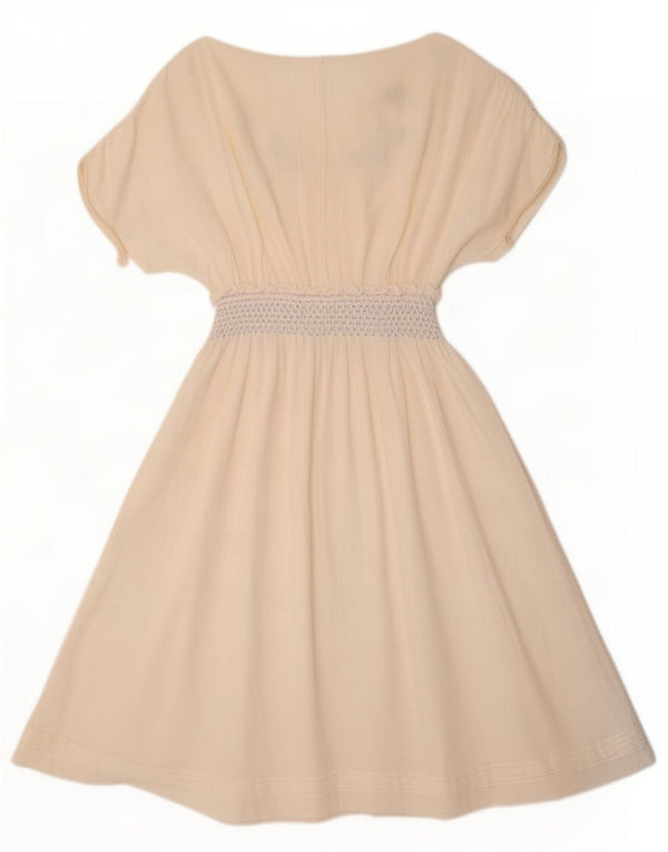 Abito a trapezio a maniche corte da donna vintage UK 12 medio bianco sporco floreale