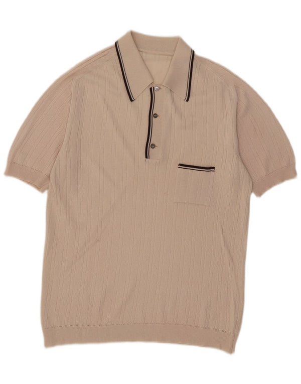 Maglione vintage da uomo a maniche corte con collo a polo, a righe beige medio