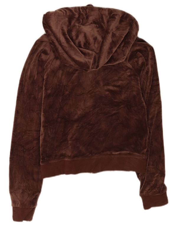 Juicy Couture Maglione con cappuccio e zip in velluto grafico da donna UK 6 XS Marrone
