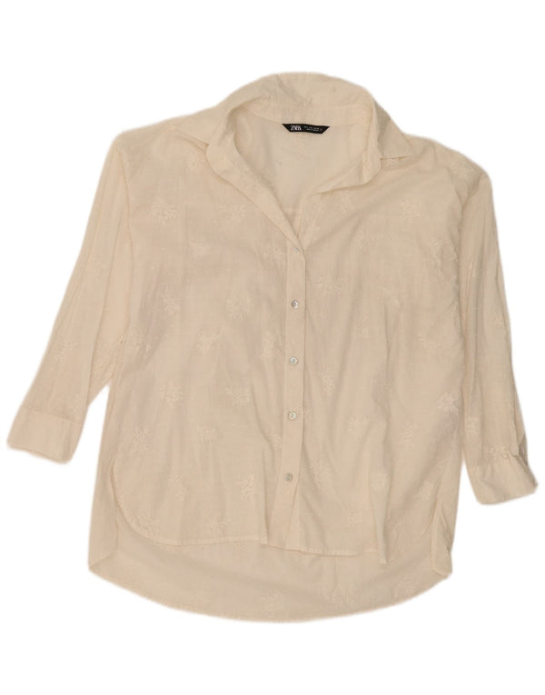 Zara Womens Oversized Shirt Blouse UK 16 Large Off White Floral Cotton