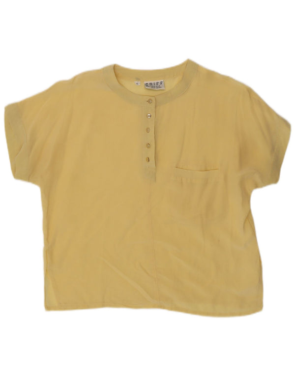 Top camicetta a maniche corte da donna vintage UK 14 grande seta gialla