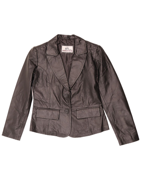 Giacca blazer in pelle vintage da donna a 2 bottoni UK 10 piccola nera