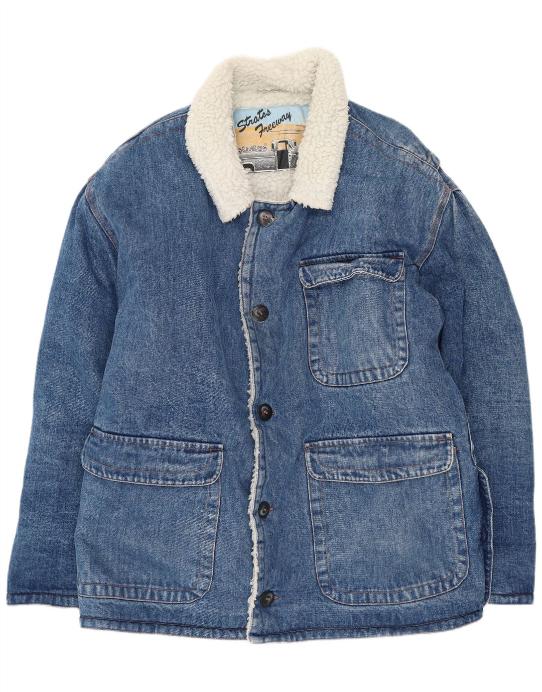 Giacca in denim Sherpa da uomo Stratos UK 38 Cotone blu medio retrò