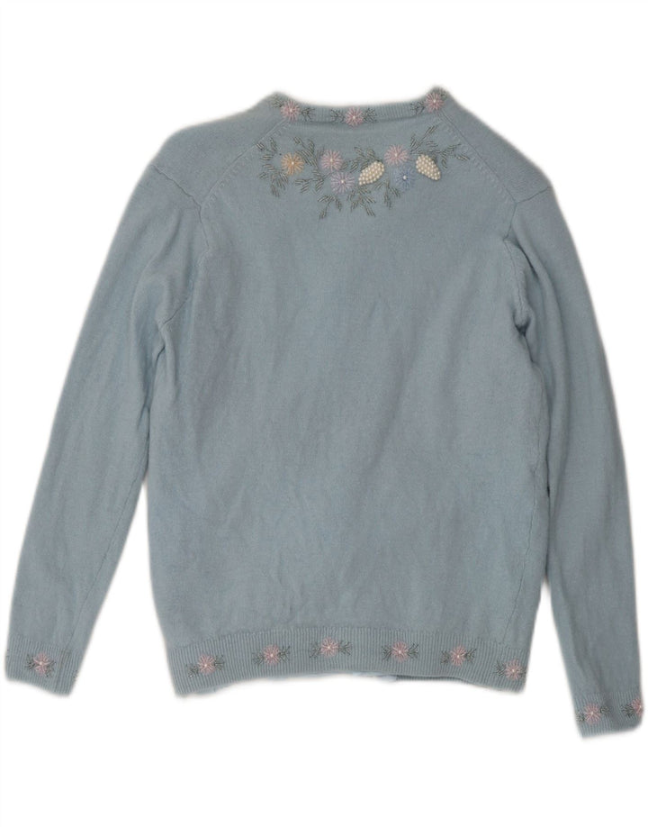 VINTAGE Womens Cardigan Sweater IT 42 Medium Blue Floral Lambswool Vintage Vintage and Second-Hand Vintage from Messina Hembry 