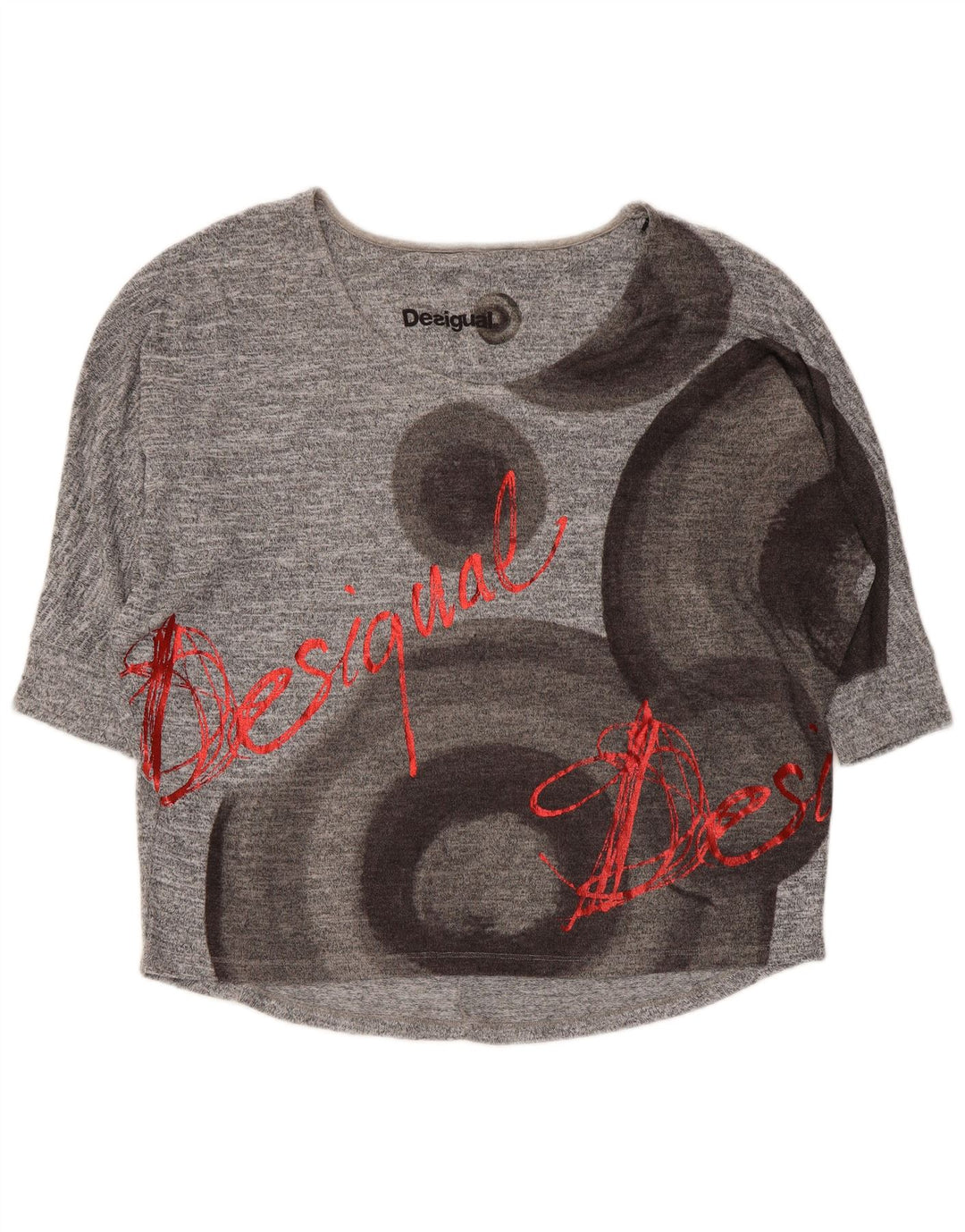 Desigual Donna Graphic Top manica 3/4 UK 14 Grigio medio geometrico