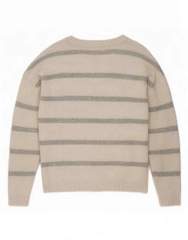 Maglione maglione girocollo da donna Marks & Spencer UK 14 a righe beige medio
