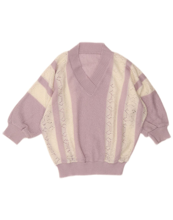 Maglione vintage da donna corto con scollo a V UK 10 piccolo a righe viola