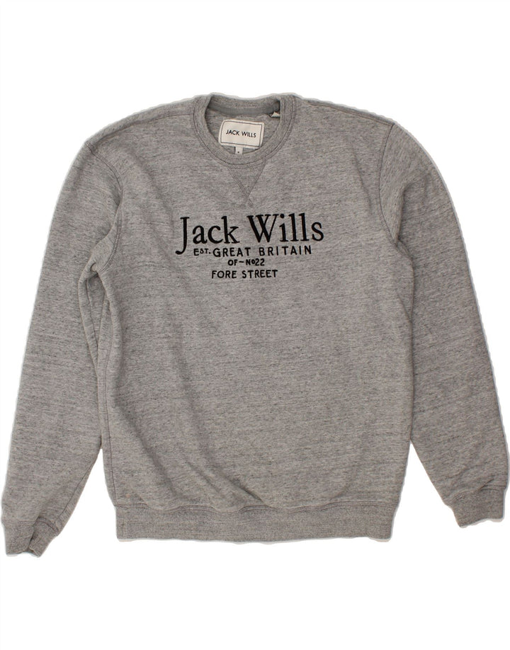 JACK WILLS Mens Graphic Sweatshirt Jumper Medium Grey Flecked Cotton Vintage Jack Wills and Second-Hand Jack Wills from Messina Hembry 