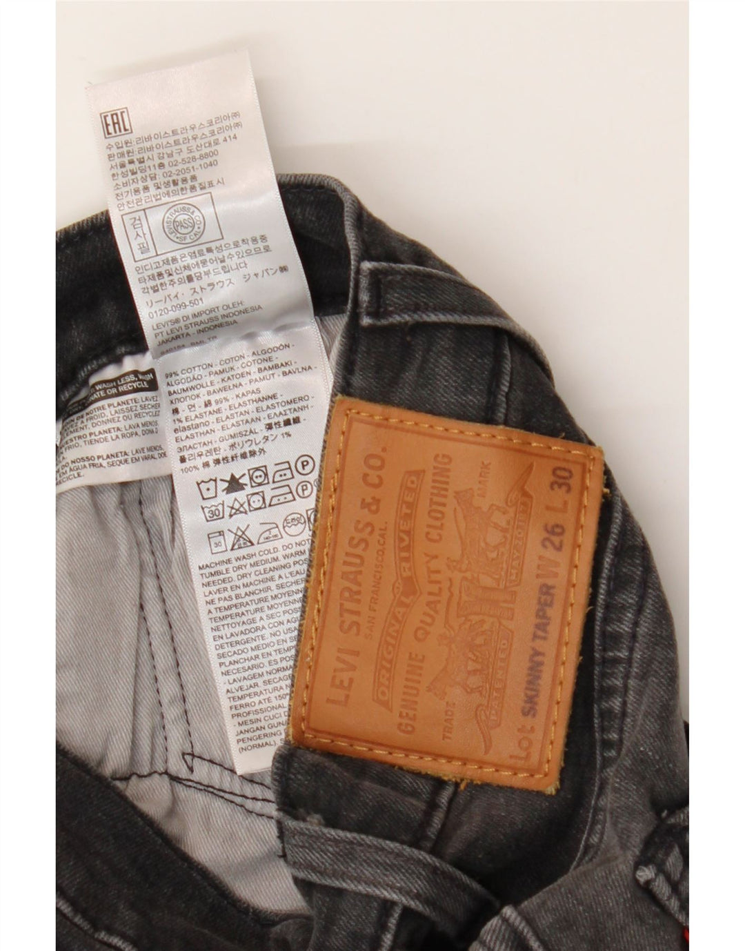 Jeans skinny affusolati da uomo LEVI'S W26 L30 cotone grigio