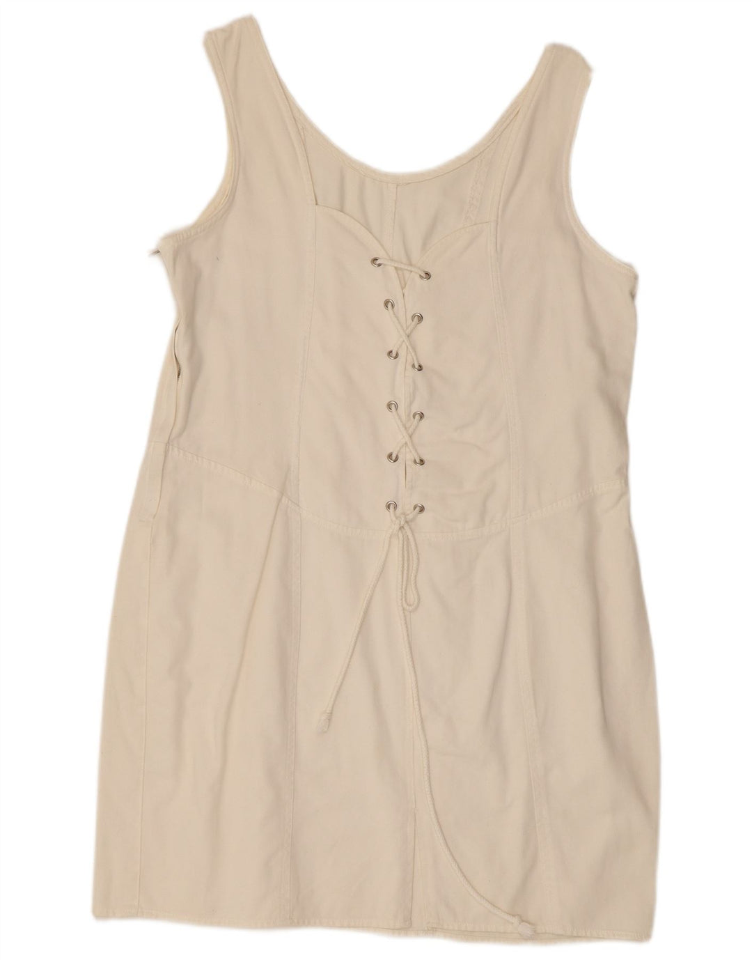 Abito vintage in denim senza maniche da donna UK 12 bianco medio