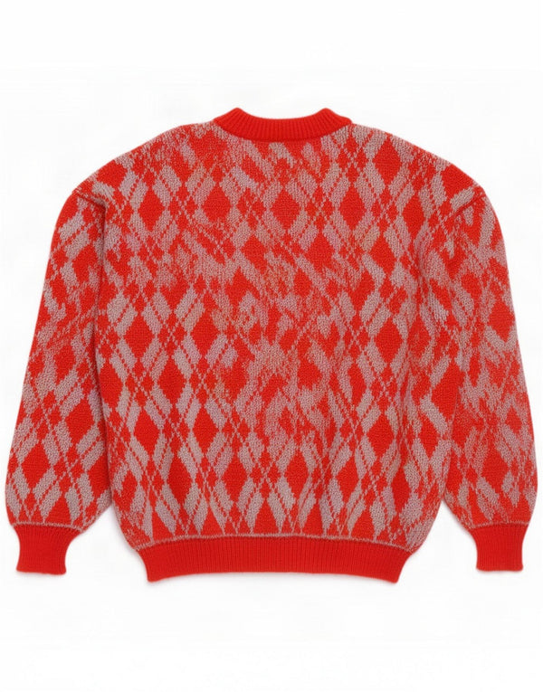 Vintage Mens Cardigan Sweater Medium Red Argyle/Diamond