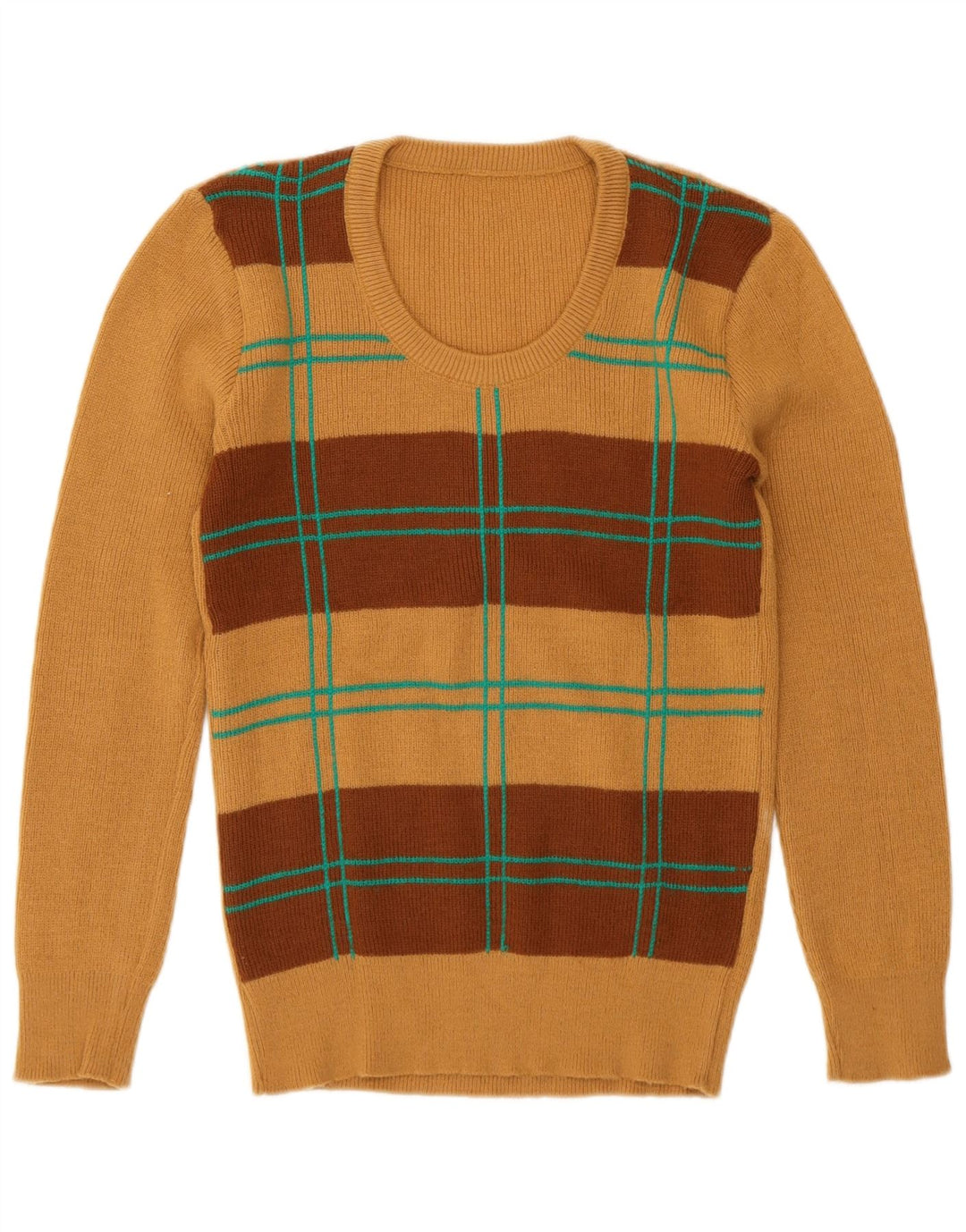 Maglione maglione girocollo da donna vintage UK 12 Marrone medio geometrico