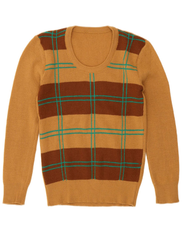 Maglione maglione girocollo da donna vintage UK 12 Marrone medio geometrico