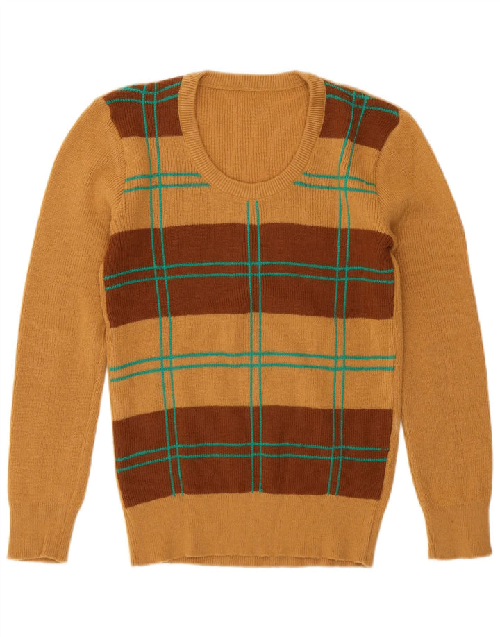 Maglione maglione girocollo da donna vintage UK 12 Marrone medio geometrico