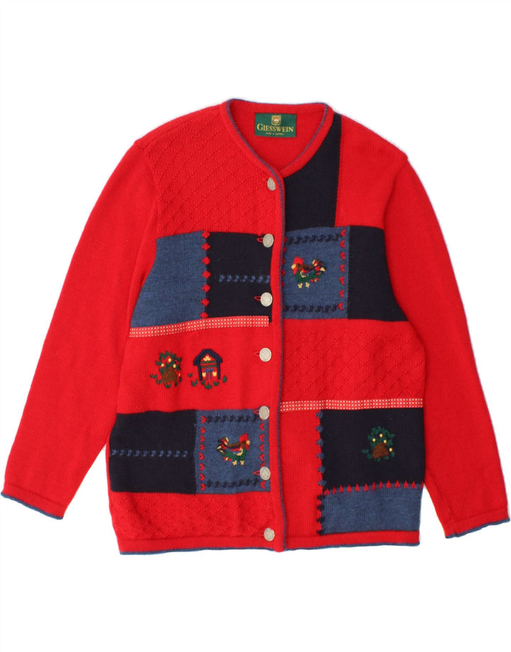 GIESSWEIN Maglione cardigan da donna UK 12 Lana vergine patchwork rosso medio