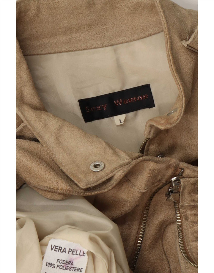 Giacca vintage in pelle scamosciata da donna UK 14 grande in pelle beige