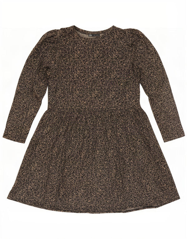Abito basic a maniche lunghe da donna Zara UK 14 Poliestere floreale marrone medio
