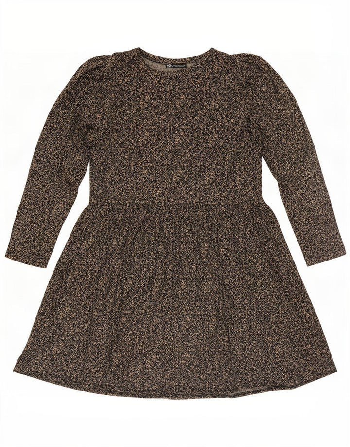 Abito basic a maniche lunghe da donna Zara UK 14 Poliestere floreale marrone medio
