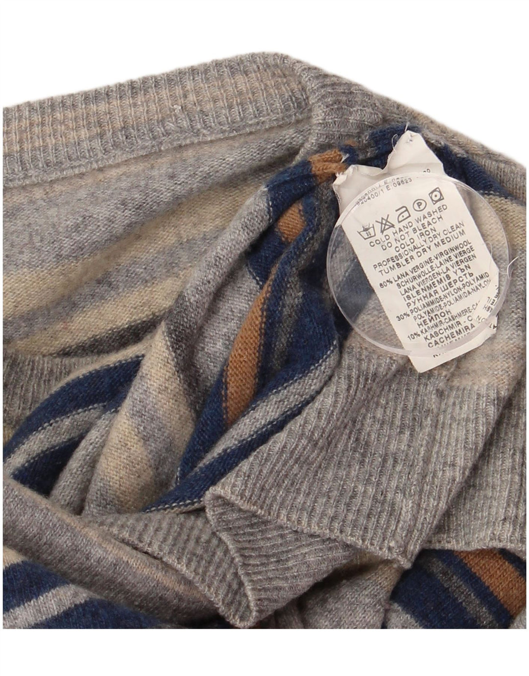 Maglione girocollo da uomo vintage in lana vergine a righe piccole grigie