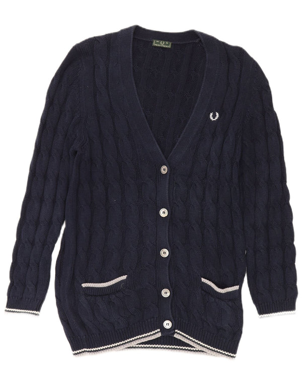 Maglione cardigan da donna Fred Perry UK 14 grande cotone blu navy classico