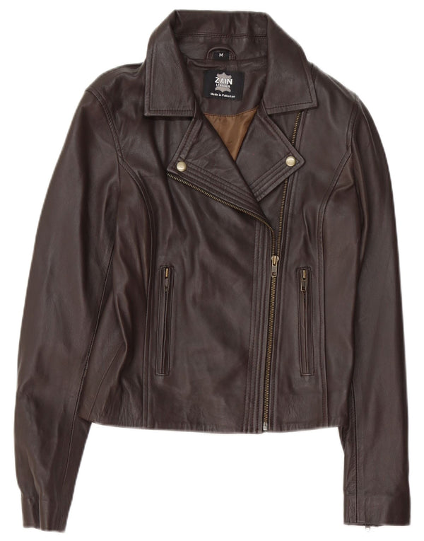Giacca da motociclista in pelle da donna vintage UK 12 Pelle marrone medio