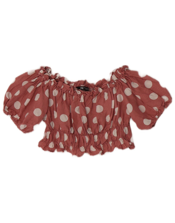 Top corto da donna Zara con spalle scoperte UK 6 XS lino rosso a pois