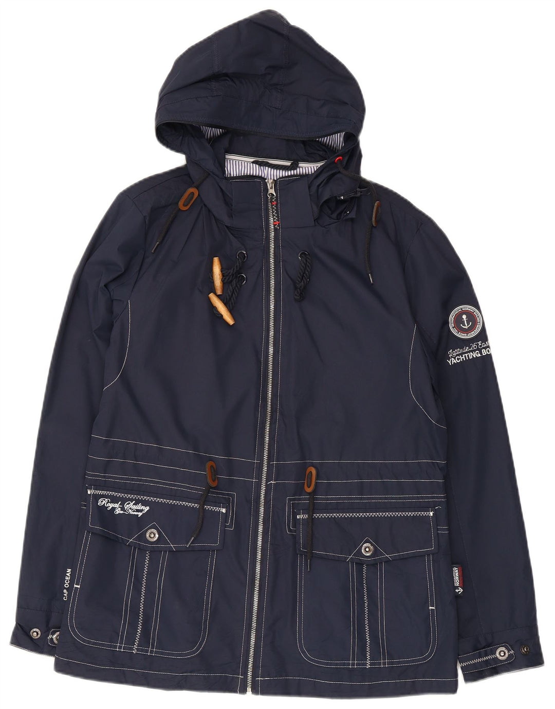 Giacca antipioggia con cappuccio grafica da donna vintage UK 12 poliestere medio blu navy