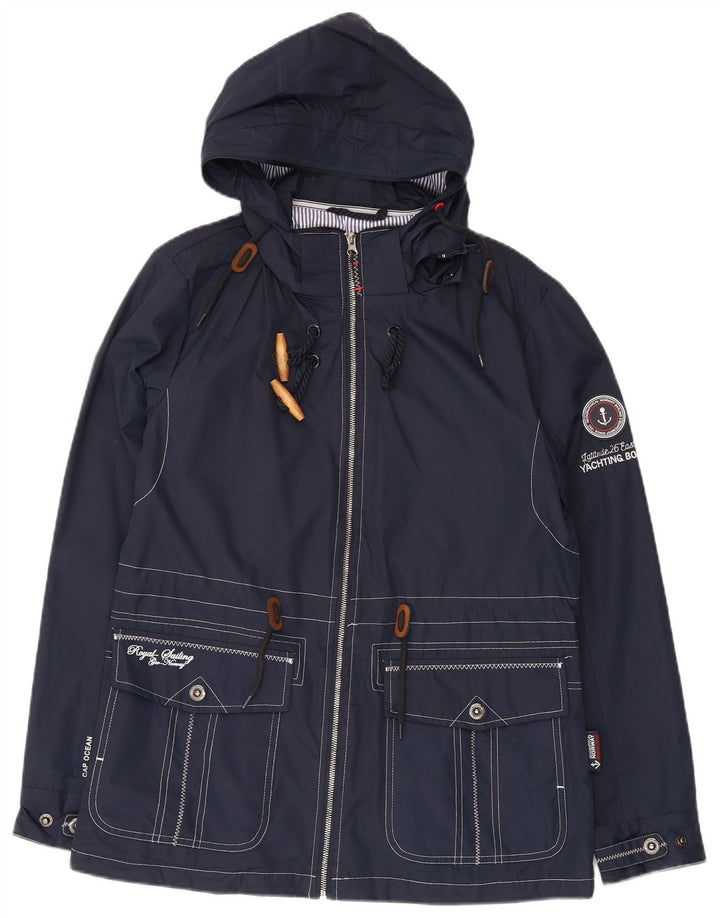 Giacca antipioggia con cappuccio grafica da donna vintage UK 12 poliestere medio blu navy