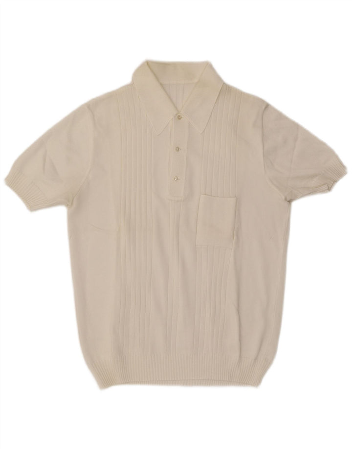 Maglione vintage da uomo a maniche corte con collo a polo bianco medio