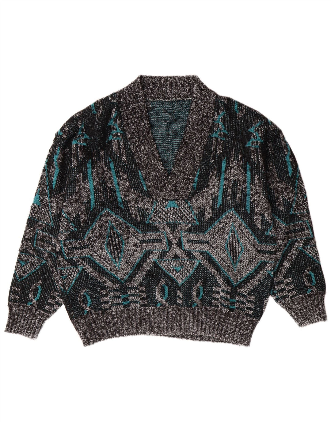 VINTAGE Maglione da uomo con scollo a V grande grigio geometrico