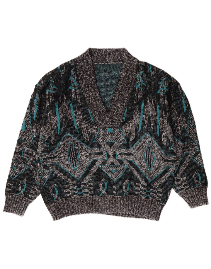 VINTAGE Maglione da uomo con scollo a V grande grigio geometrico