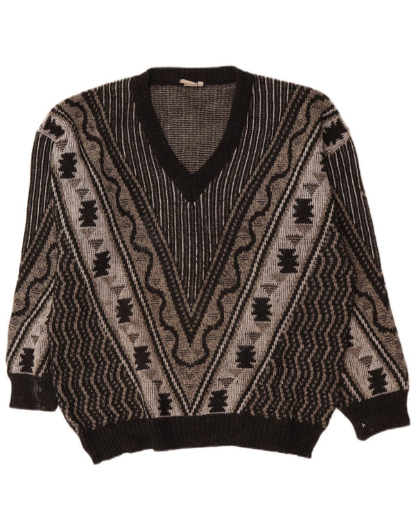 Maglione vintage da uomo con scollo a V grande grigio geometrico