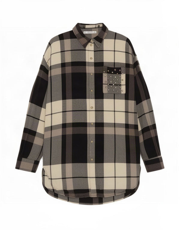 Abito chemisier oversize da donna Zara UK 10 piccolo in cotone a quadri neri