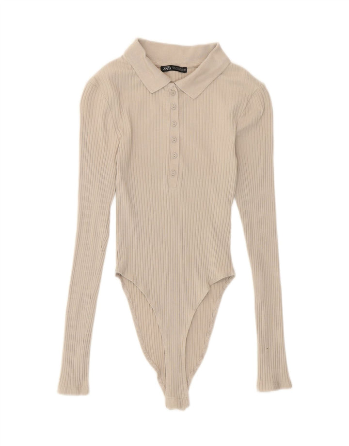 Body a maniche lunghe da donna Zara UK 8 piccolo in cotone beige