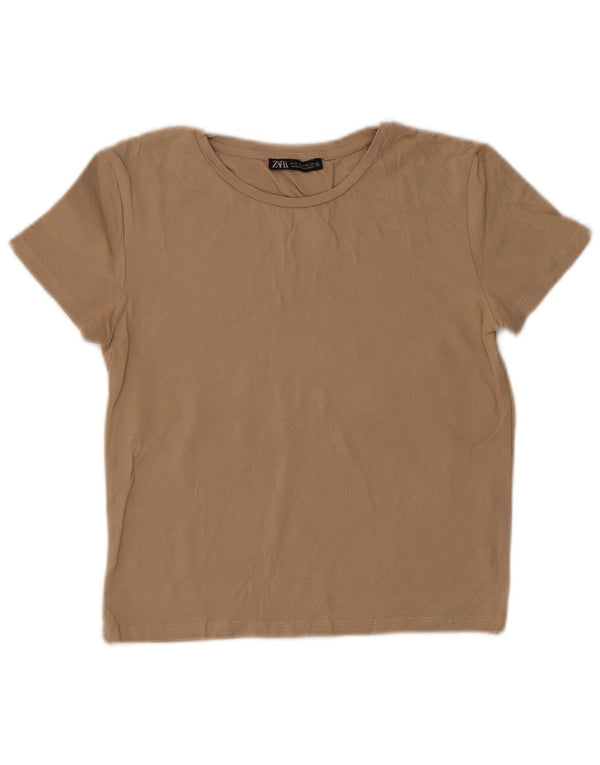T-shirt corta da donna Zara UK 8 piccola in cotone beige