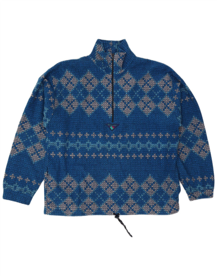 Maglione vintage da uomo con zip sul collo, grande blu geometrico