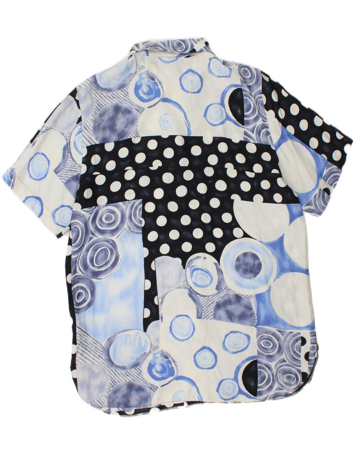 Camicia vintage da donna a maniche corte camicetta UK 14 grande viscosa patchwork blu