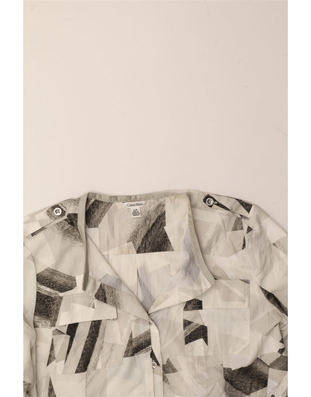 CALVIN KLEIN Womens Military Shirt UK 16 Large Grey Geometric Polyester Vintage Calvin Klein and Second-Hand Calvin Klein from Messina Hembry 