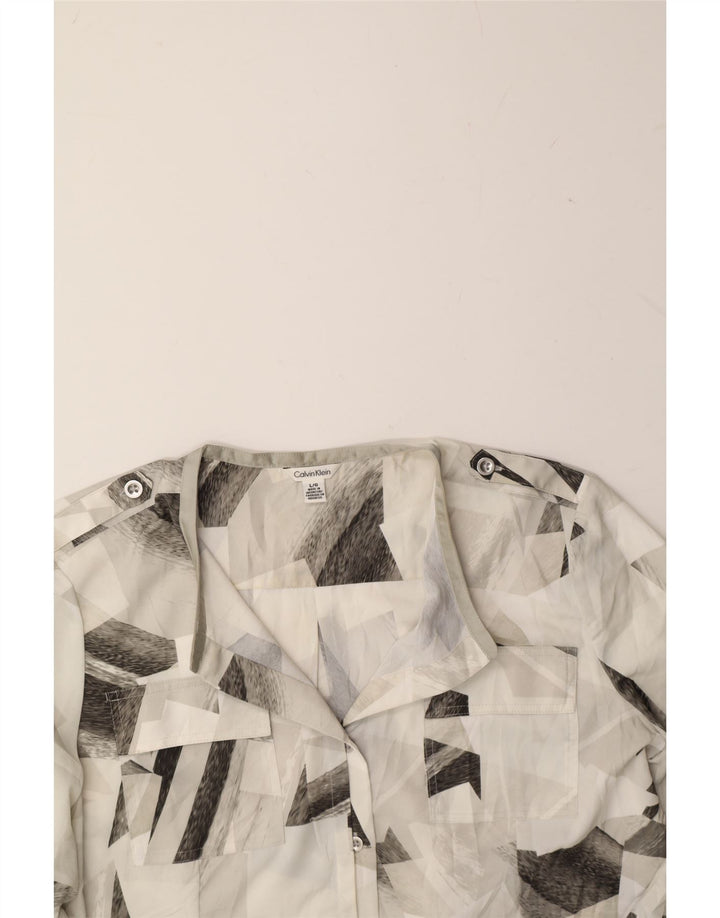 CALVIN KLEIN Womens Military Shirt UK 16 Large Grey Geometric Polyester Vintage Calvin Klein and Second-Hand Calvin Klein from Messina Hembry 