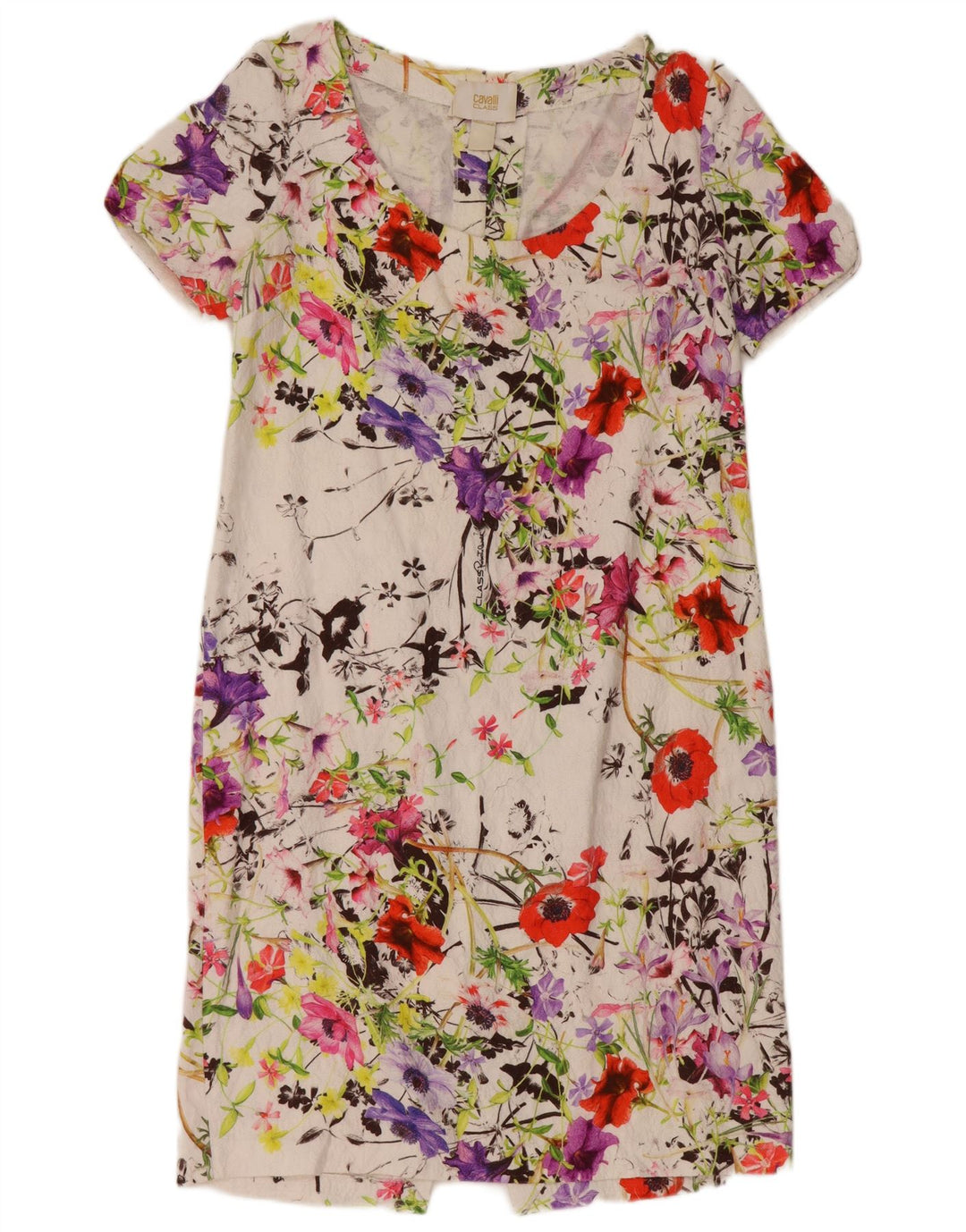 JUST CAVALLI Abito a trapezio da donna taglia 2 piccolo cotone floreale bianco