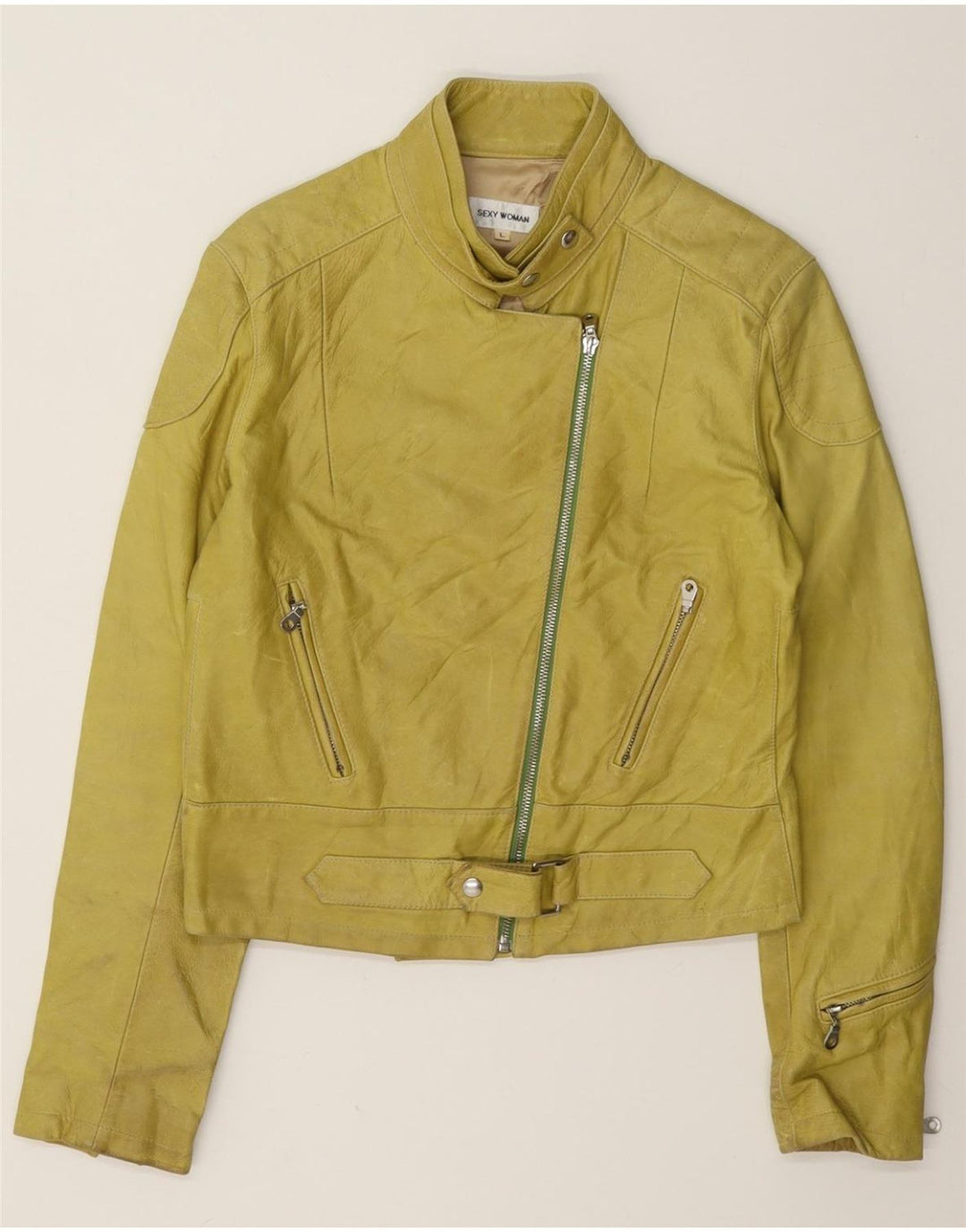 Giacca da motociclista in pelle vintage da donna UK 14 grande gialla