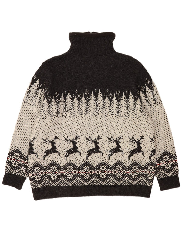 Maglione vintage da uomo con zip e collo 2XL in lana Fair Isle nera