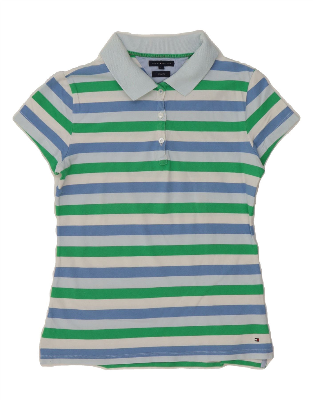 TOMMY HILFIGER Womens Polo Shirt UK 14 Large Multicoloured Striped Vintage Tommy Hilfiger and Second-Hand Tommy Hilfiger from Messina Hembry 