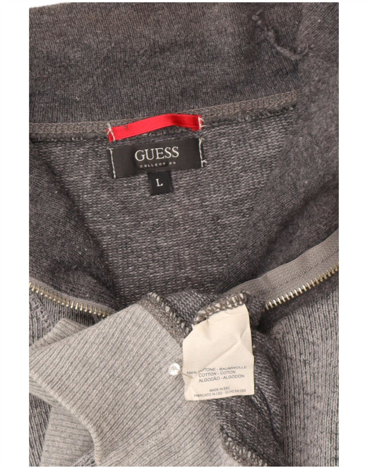 Guess Maglione da uomo con zip grafica e collo grande in cotone grigio