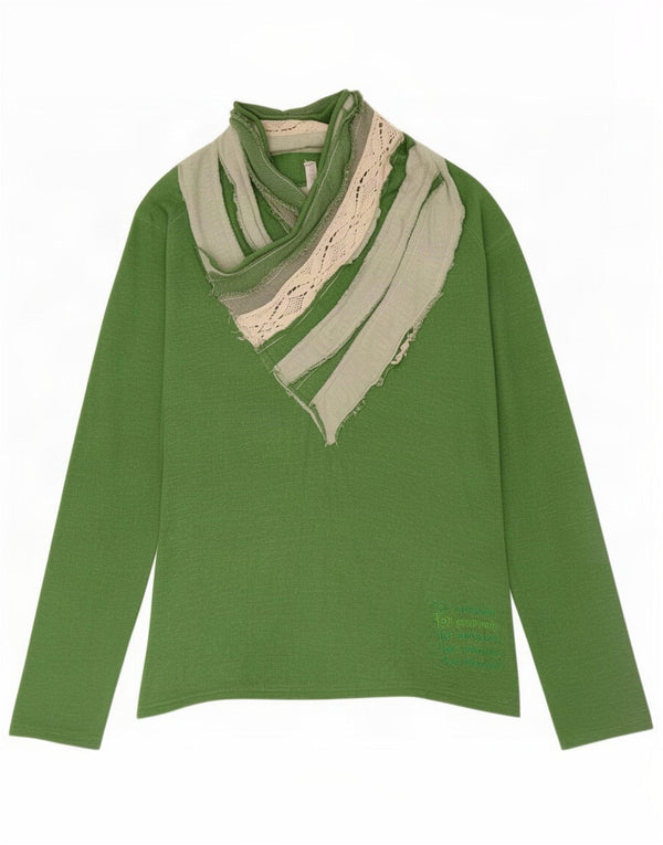 Desigual Donna Top Manica Lunga UK 10 Piccolo Verde Cotone