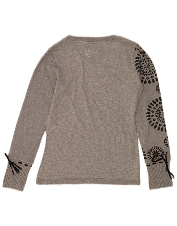 Desigual Donna Graphic Top Manica Lunga UK 14 Medio Grigio Cuore